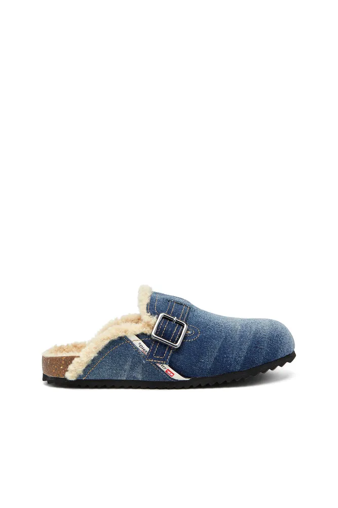 D-Woodstock-Denim mules with fluffy lining
