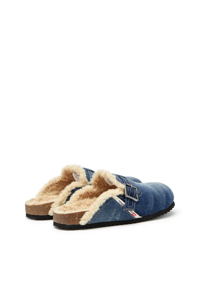 D-Woodstock-Denim mules with fluffy lining