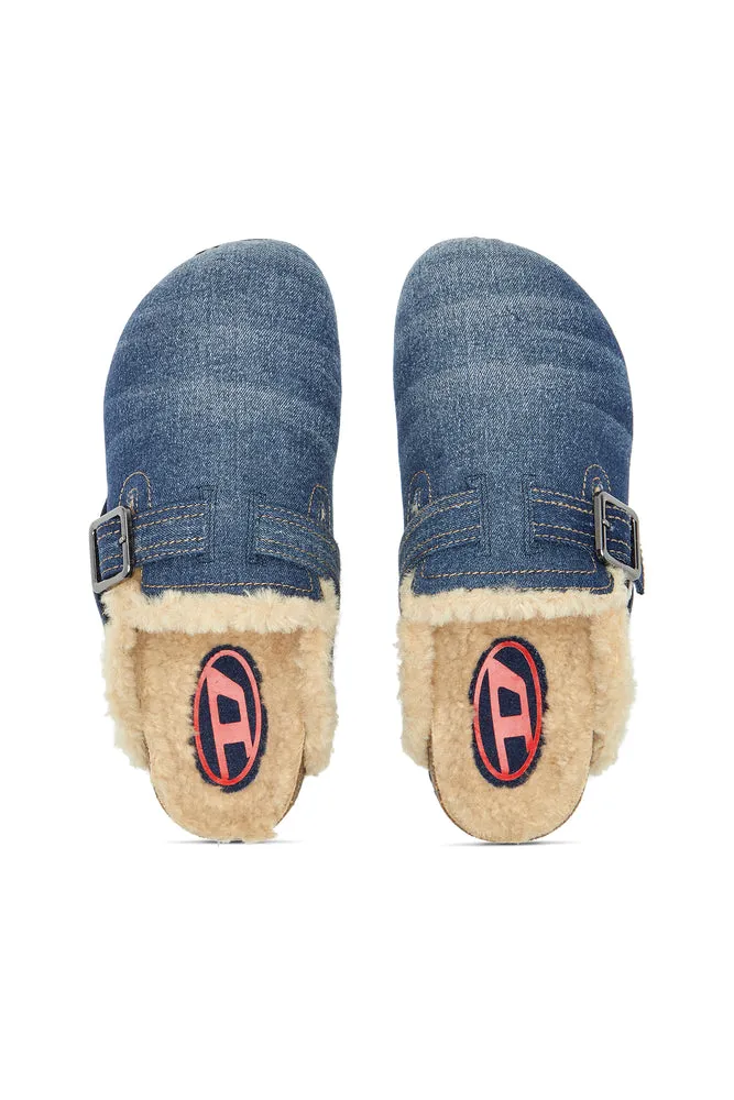 D-Woodstock-Denim mules with fluffy lining