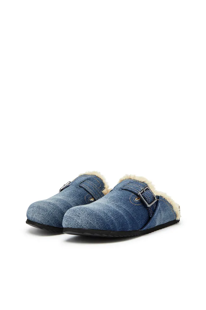 D-Woodstock-Denim mules with fluffy lining