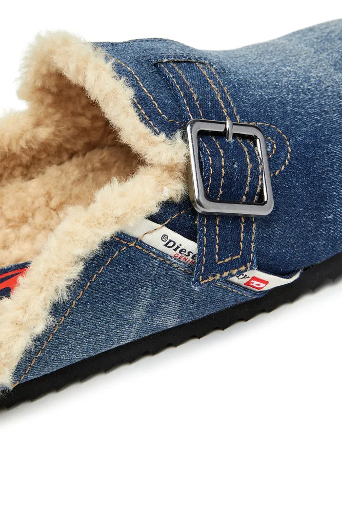 D-Woodstock-Denim mules with fluffy lining