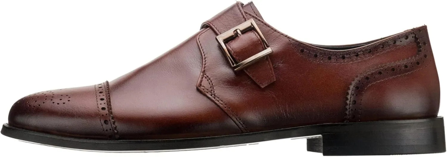 DALGALA Men's Brown Leather Handmade Monk Strap BrogueLightweight Dress Shoes