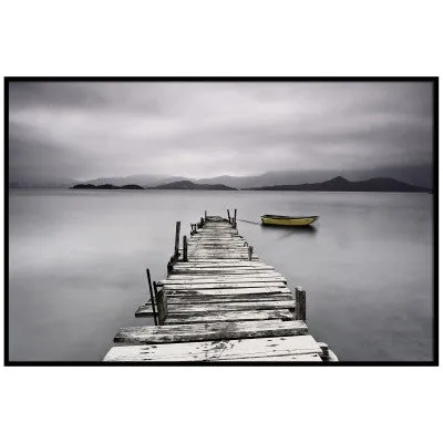 Dark Wooden Pier with Boat Framed Canvas