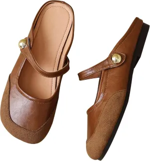 Dear Time Women's Closed Toe Flats Backless Mary Jane Slip on Shoes Comfortable Mules