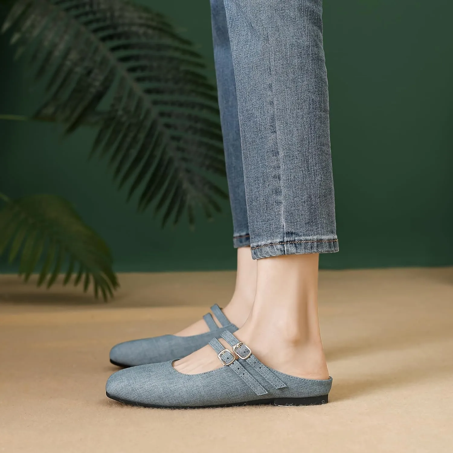 Dear Time Women's Square Toe Flat Mules Backless Loafer Shoes Closed Toe Outdoor Indoor Mary Jane Slides Shoes