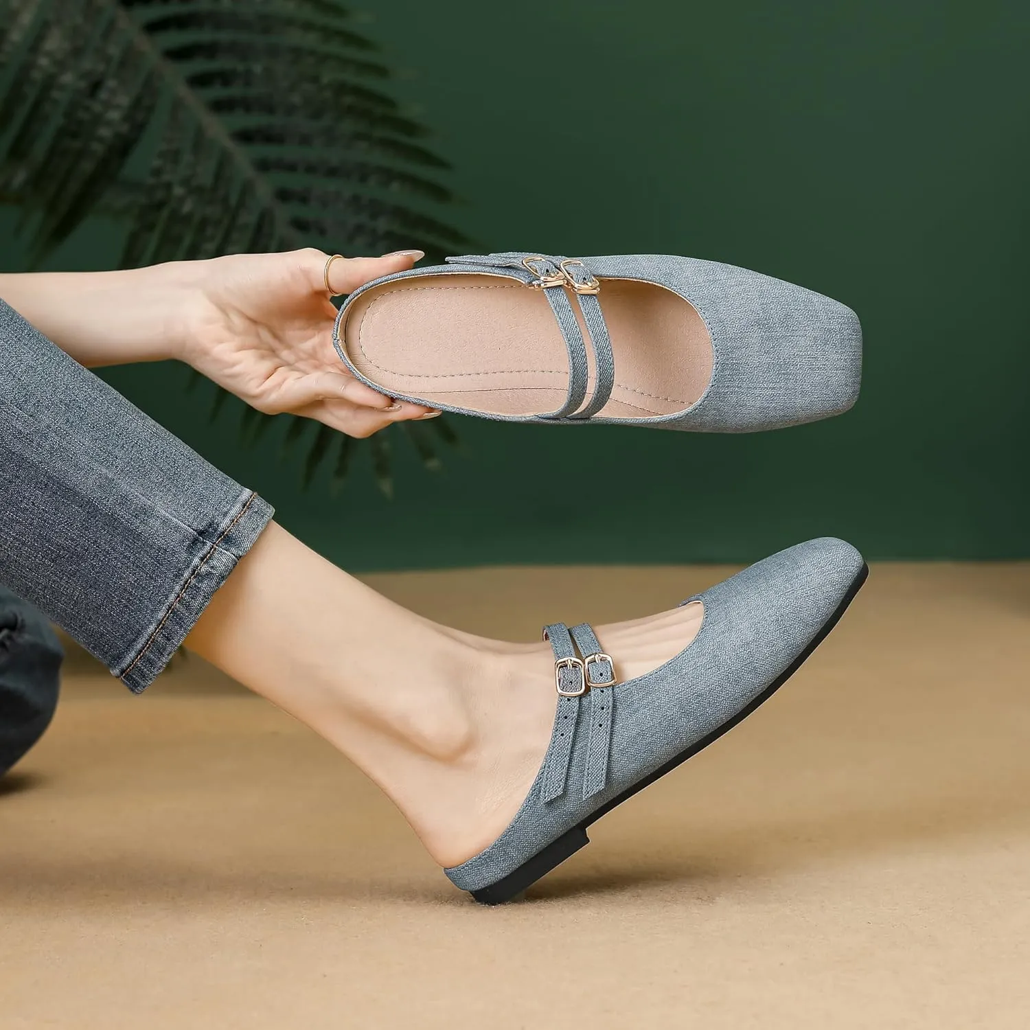 Dear Time Women's Square Toe Flat Mules Backless Loafer Shoes Closed Toe Outdoor Indoor Mary Jane Slides Shoes