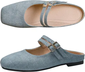 Dear Time Women's Square Toe Flat Mules Backless Loafer Shoes Closed Toe Outdoor Indoor Mary Jane Slides Shoes