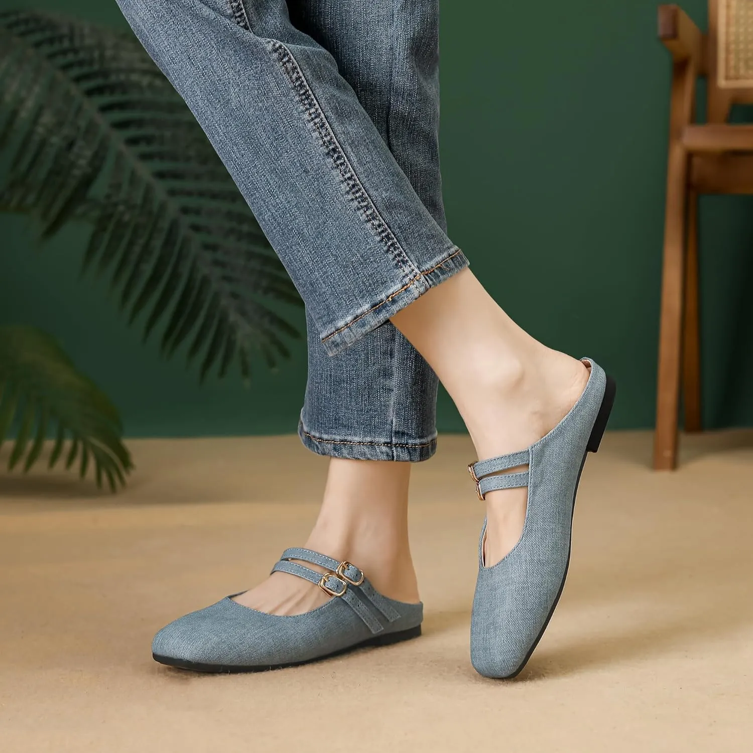 Dear Time Women's Square Toe Flat Mules Backless Loafer Shoes Closed Toe Outdoor Indoor Mary Jane Slides Shoes