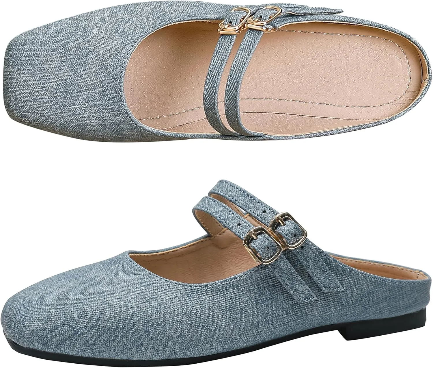 Dear Time Women's Square Toe Flat Mules Backless Loafer Shoes Closed Toe Outdoor Indoor Mary Jane Slides Shoes