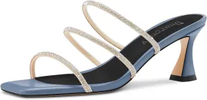 DearOnly Womens Mid Kitten Heel Peep Open Square Toe Mules Shoes Slip-on Rhinestone Crystal Prom Dress Summer Shoes
