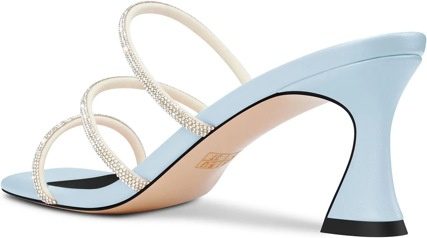 DearOnly Womens Mid Kitten Heel Peep Open Square Toe Mules Shoes Slip-on Rhinestone Crystal Prom Dress Summer Shoes