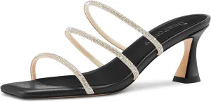 DearOnly Womens Mid Kitten Heel Peep Open Square Toe Mules Shoes Slip-on Rhinestone Crystal Prom Dress Summer Shoes