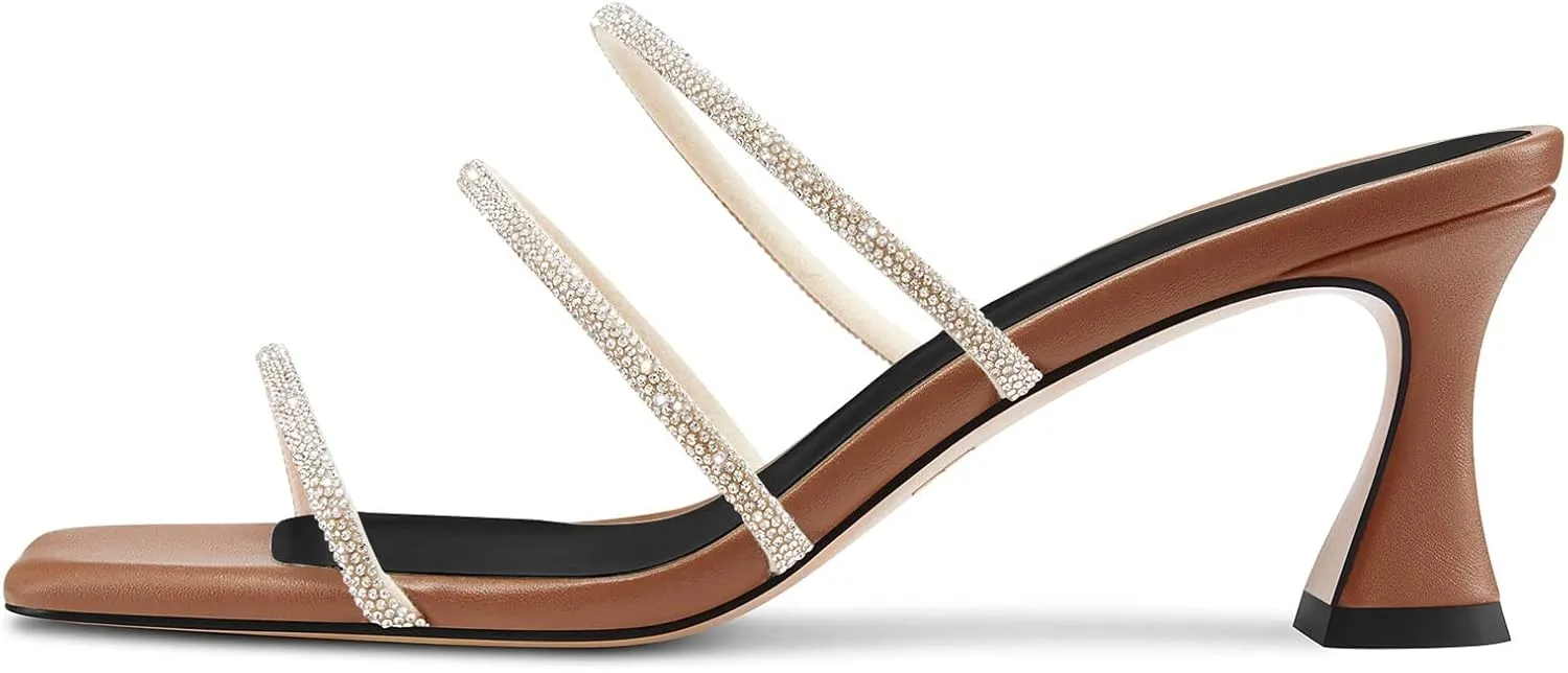 DearOnly Womens Mid Kitten Heel Peep Open Square Toe Mules Shoes Slip-on Rhinestone Crystal Prom Dress Summer Shoes