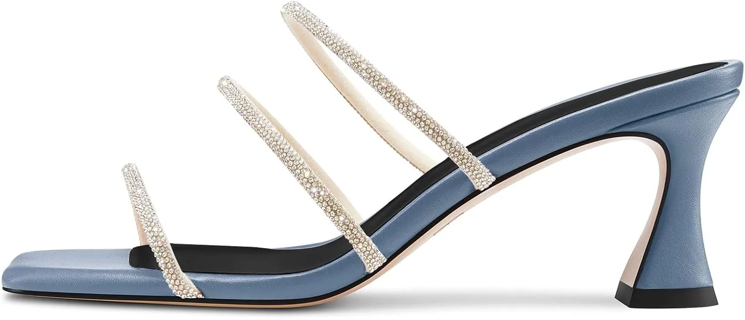 DearOnly Womens Mid Kitten Heel Peep Open Square Toe Mules Shoes Slip-on Rhinestone Crystal Prom Dress Summer Shoes
