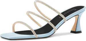 DearOnly Womens Mid Kitten Heel Peep Open Square Toe Mules Shoes Slip-on Rhinestone Crystal Prom Dress Summer Shoes