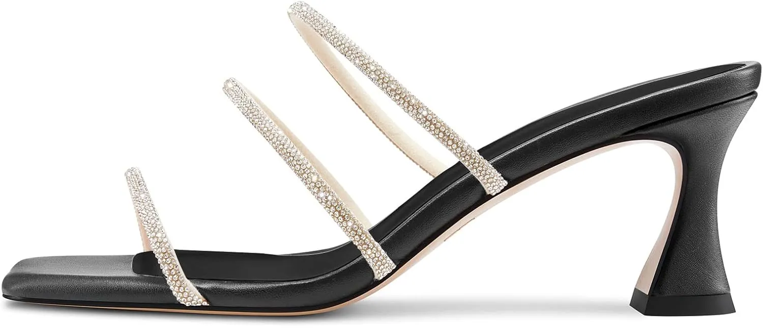 DearOnly Womens Mid Kitten Heel Peep Open Square Toe Mules Shoes Slip-on Rhinestone Crystal Prom Dress Summer Shoes