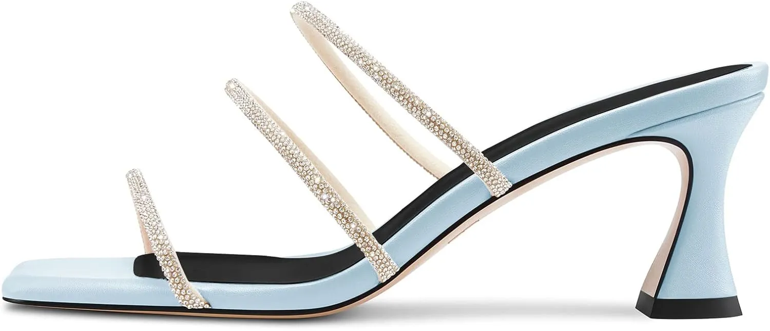 DearOnly Womens Mid Kitten Heel Peep Open Square Toe Mules Shoes Slip-on Rhinestone Crystal Prom Dress Summer Shoes
