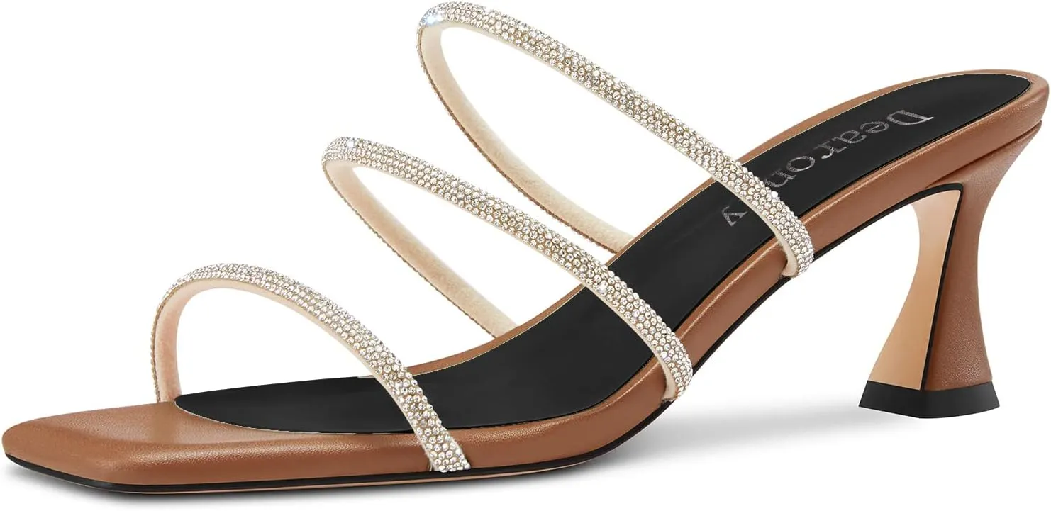 DearOnly Womens Mid Kitten Heel Peep Open Square Toe Mules Shoes Slip-on Rhinestone Crystal Prom Dress Summer Shoes