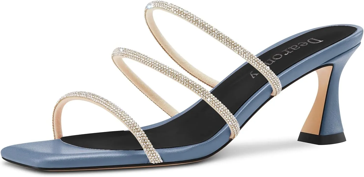 DearOnly Womens Mid Kitten Heel Peep Open Square Toe Mules Shoes Slip-on Rhinestone Crystal Prom Dress Summer Shoes