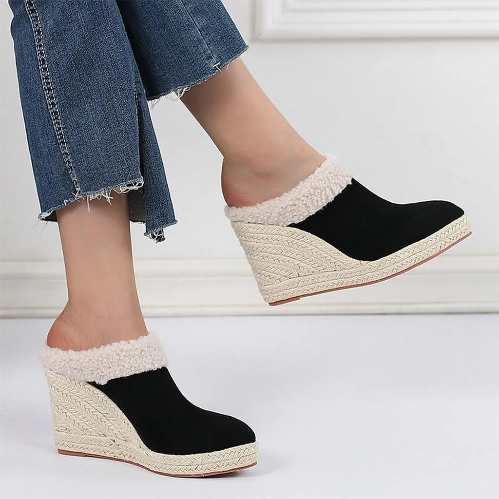 DINTAHA Closed Toe Wedges For Women,Pointed Toe Platform Wedge Mules,Espadrille Sandals For Women-Choose Half Size Larger