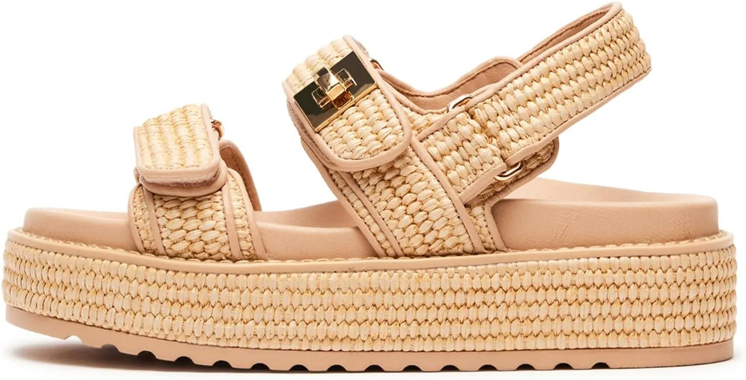 DOEYG Raffia Platform Wedge Sandals for Women Woven Slingback Platform Sandals Comfortable Open Toe Summer Straw Beach Sandals Espadrille Flatform Slide Sandals Nude Size 5.5