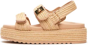 DOEYG Raffia Platform Wedge Sandals for Women Woven Slingback Platform Sandals Comfortable Open Toe Summer Straw Beach Sandals Espadrille Flatform Slide Sandals Nude Size 5.5
