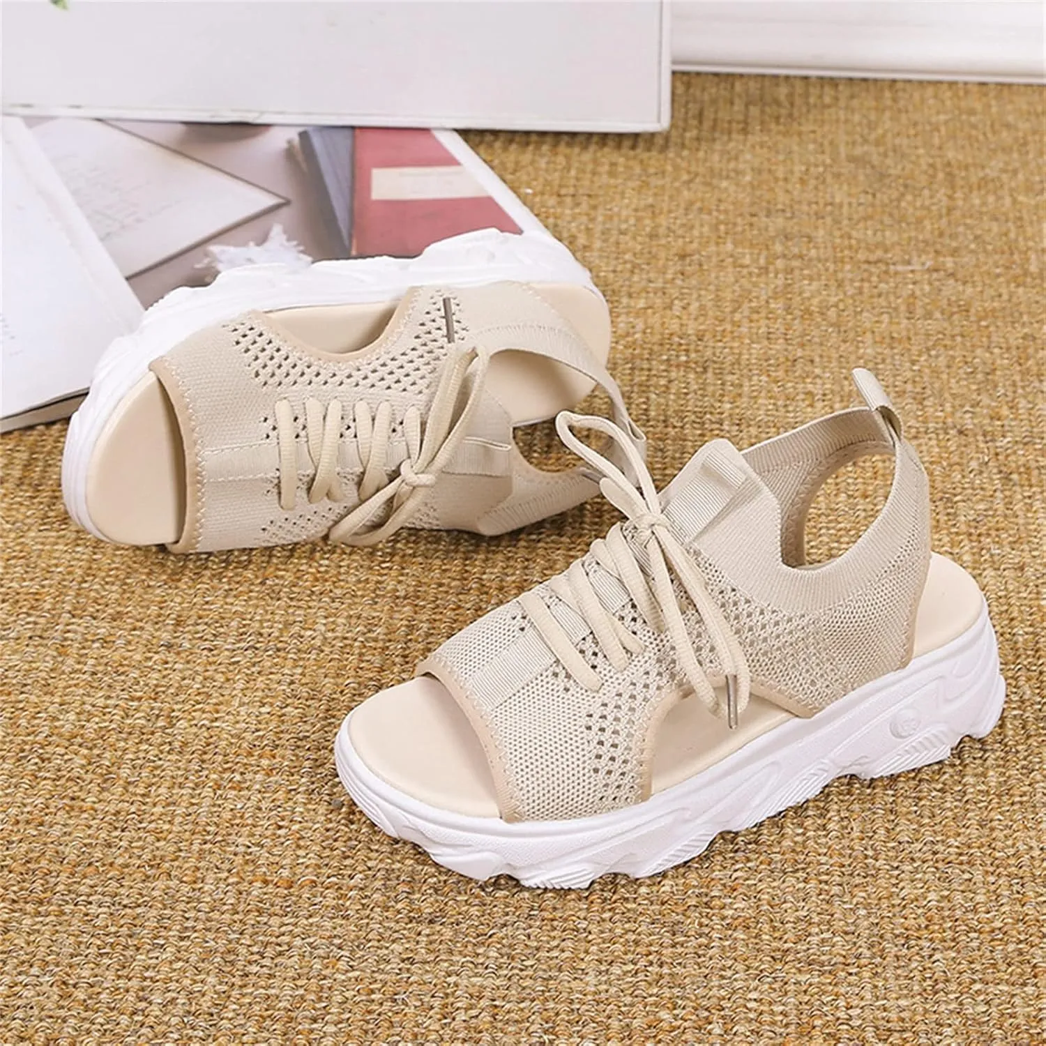 DOIX Women's Summer Wedges Sport Sandals Washable Slingback Knit Mesh Platform Fish Mouth Sandals Casual Soft Sole Lace-Up Sneaker Ankle Elastic Slip on Walking Shoes