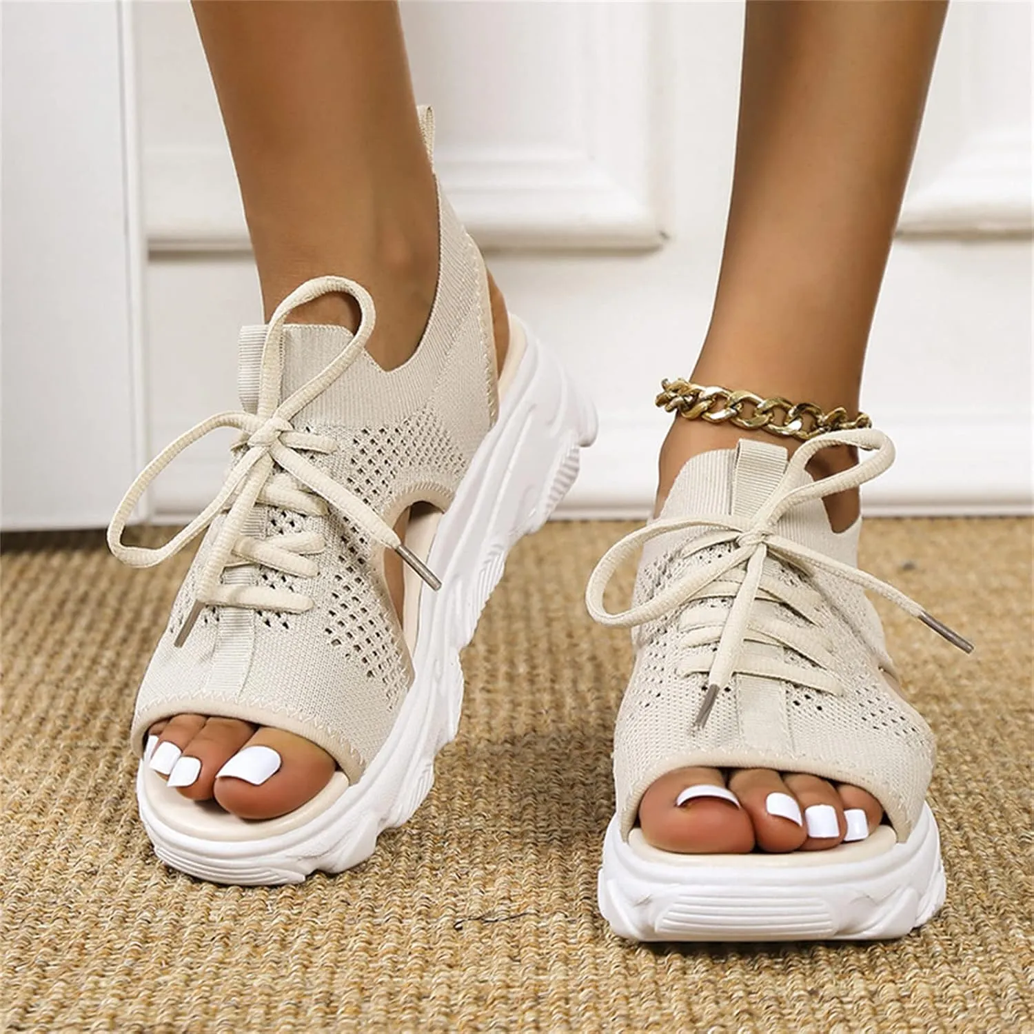 DOIX Women's Summer Wedges Sport Sandals Washable Slingback Knit Mesh Platform Fish Mouth Sandals Casual Soft Sole Lace-Up Sneaker Ankle Elastic Slip on Walking Shoes