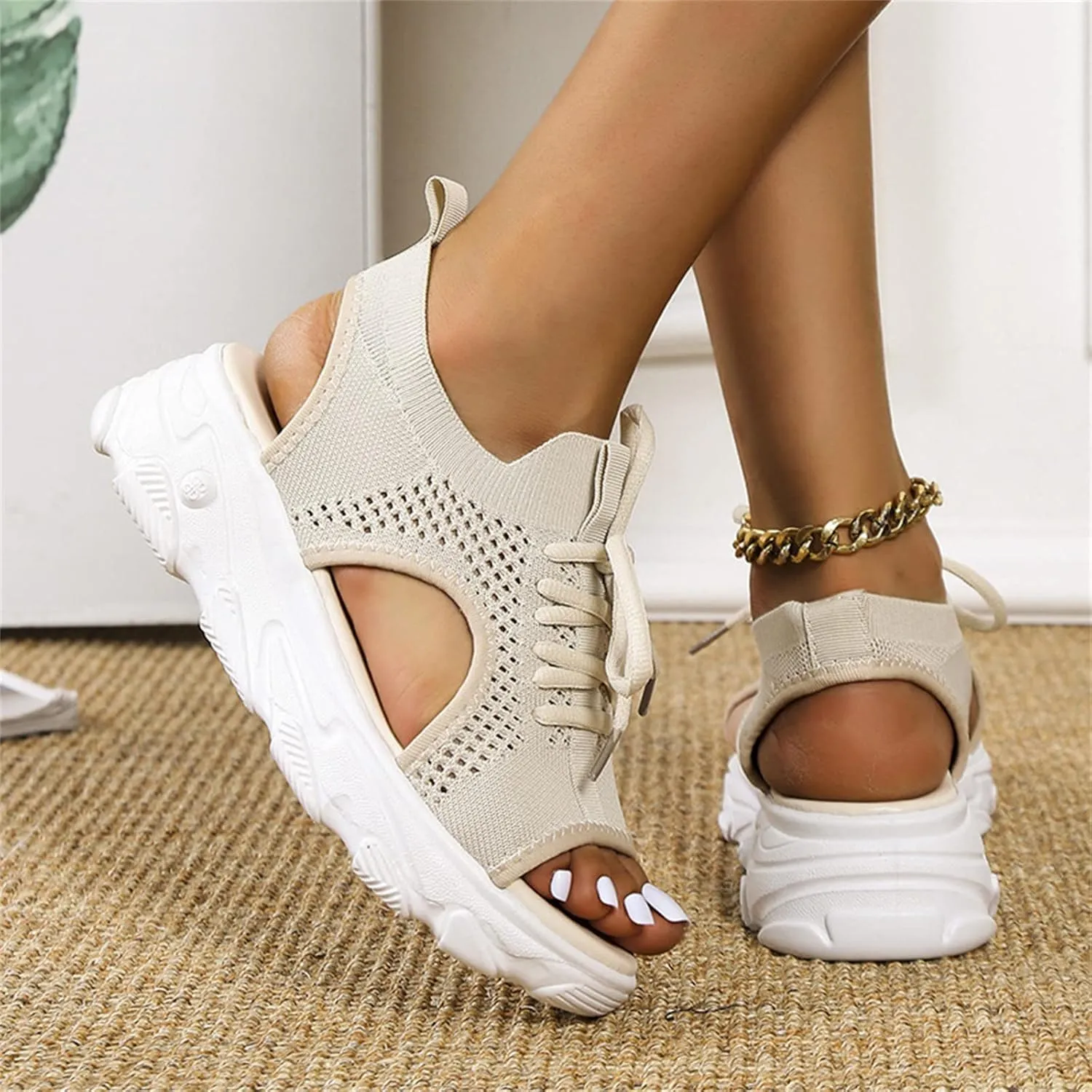 DOIX Women's Summer Wedges Sport Sandals Washable Slingback Knit Mesh Platform Fish Mouth Sandals Casual Soft Sole Lace-Up Sneaker Ankle Elastic Slip on Walking Shoes