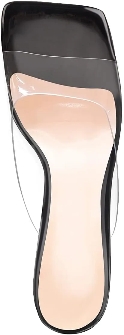 dollskiss Women's Holographic Transparent Chunky Heel Square Toe Sandals Mules