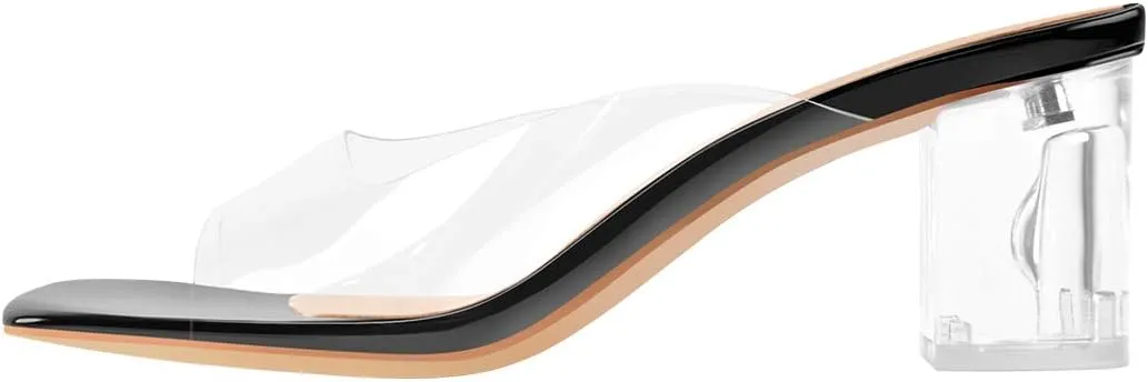 dollskiss Women's Holographic Transparent Chunky Heel Square Toe Sandals Mules