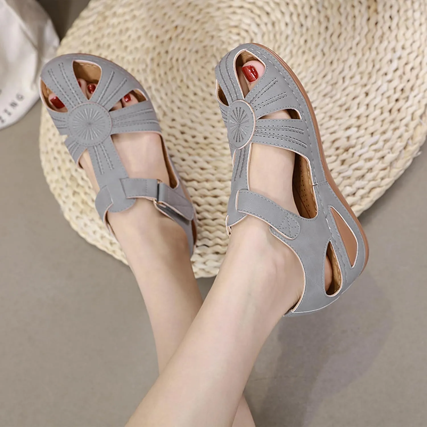DUOYANGJIASHA Womens Sandals Dressy Summer Beach Bohemia Ankle Strap Causal Comfortable Closed Toe Wedge Shoes for Outdoor