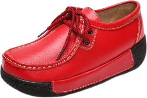 EFTCAL Women's Leather Lace Up Platform Sneakers Comfortable Round Toe Wedge Loafers Breathable Non-Slip Nurse Work Shoes with Arch Support,Rocker Shoes for Women