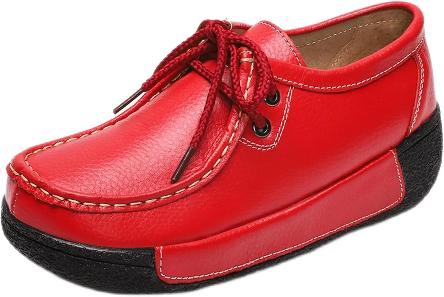 EFTCAL Women's Leather Lace Up Platform Sneakers Comfortable Round Toe Wedge Loafers Breathable Non-Slip Nurse Work Shoes with Arch Support,Rocker Shoes for Women