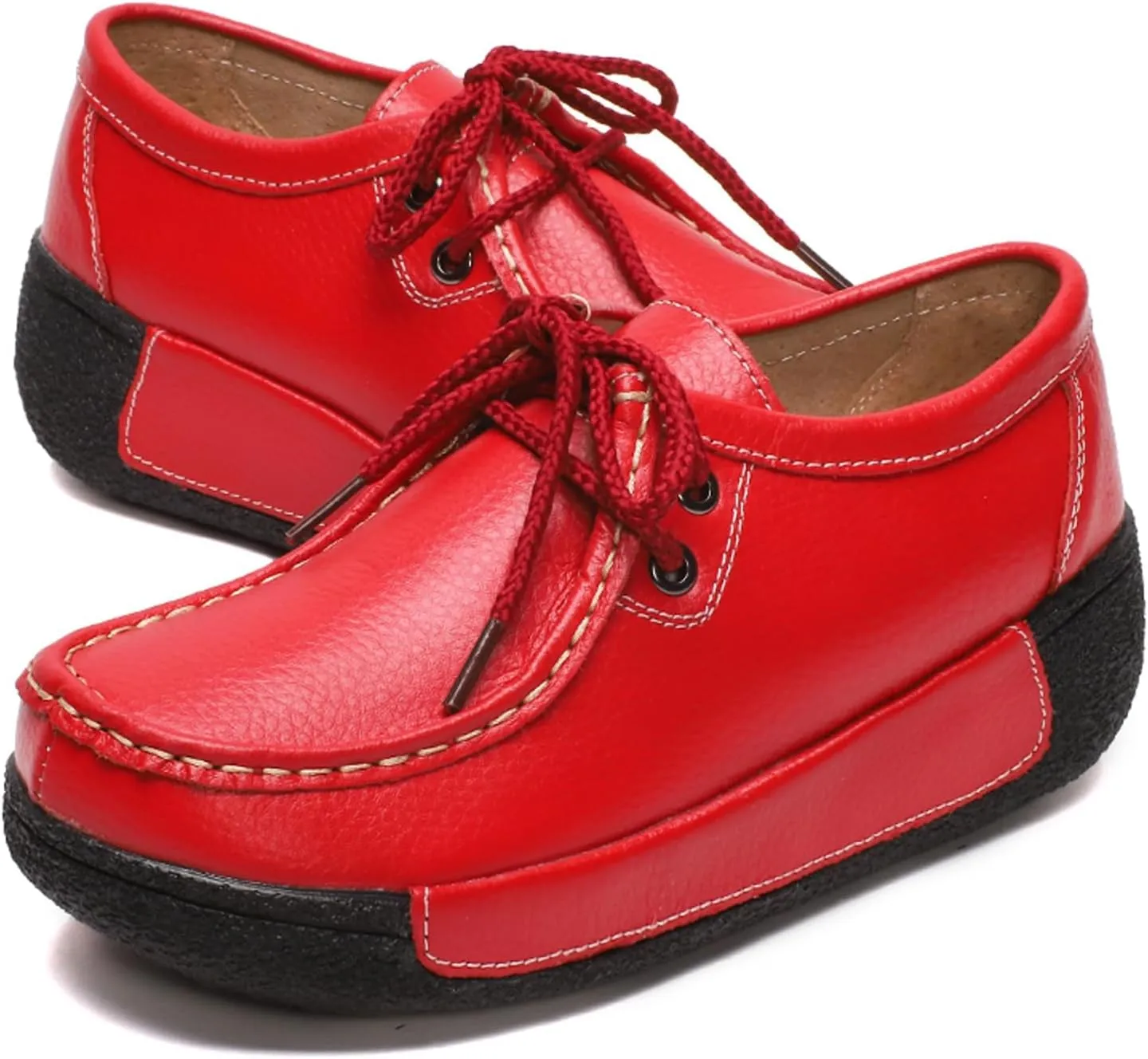 EFTCAL Women's Leather Lace Up Platform Sneakers Comfortable Round Toe Wedge Loafers Breathable Non-Slip Nurse Work Shoes with Arch Support,Rocker Shoes for Women