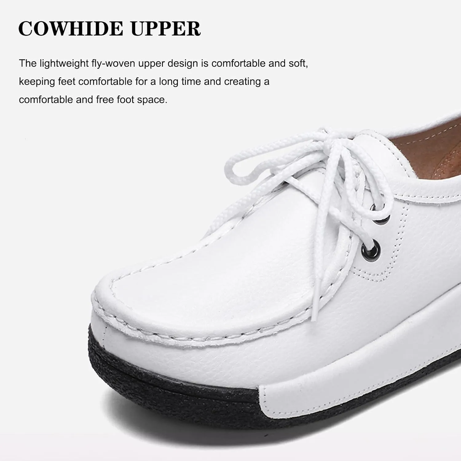EFTCAL Women's Leather Lace Up Platform Sneakers Comfortable Round Toe Wedge Loafers Breathable Non-Slip Nurse Work Shoes with Arch Support,Rocker Shoes for Women