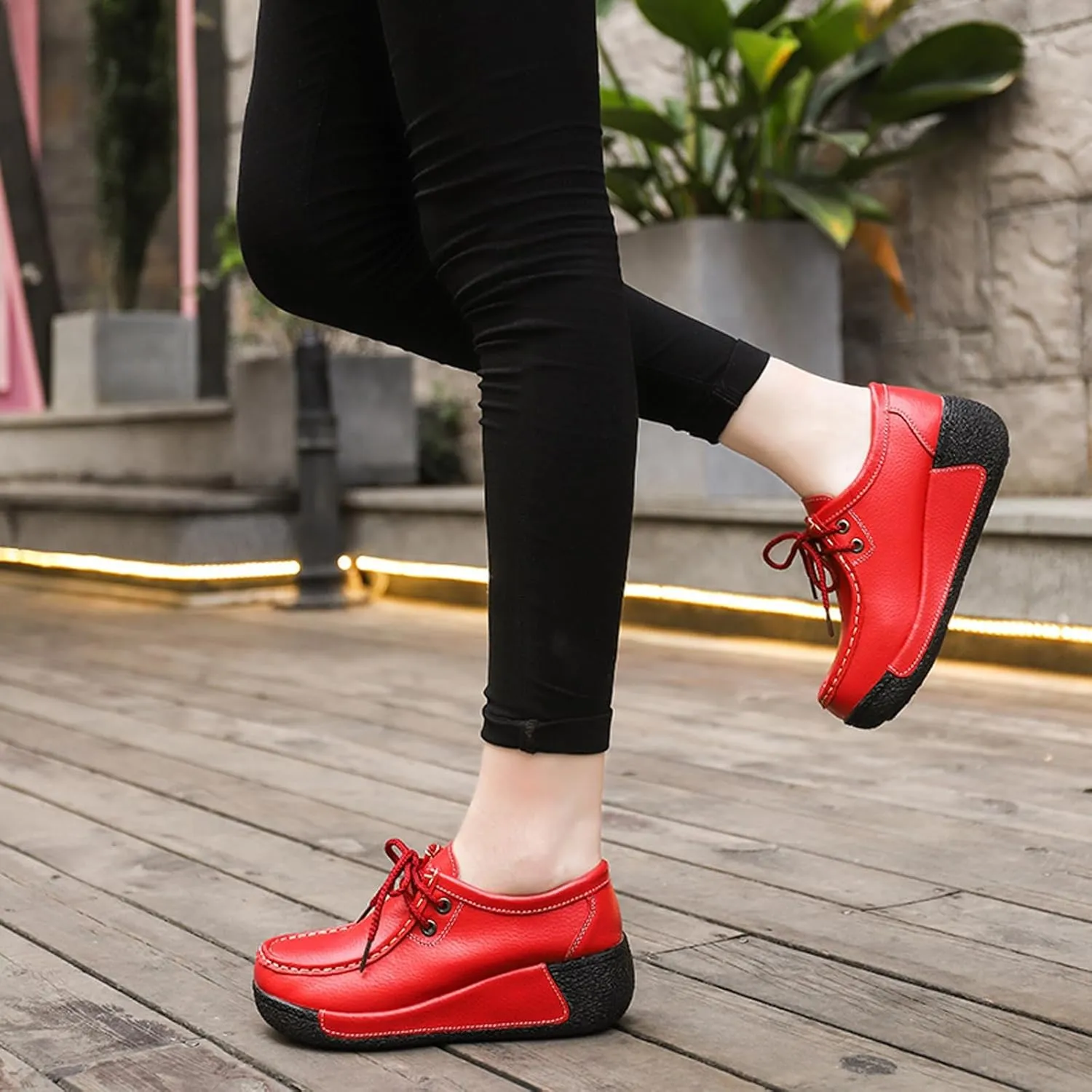 EFTCAL Women's Leather Lace Up Platform Sneakers Comfortable Round Toe Wedge Loafers Breathable Non-Slip Nurse Work Shoes with Arch Support,Rocker Shoes for Women
