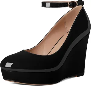 Eldof Wedges for Women Closed Toe Ankle Strap Platform High Heel Wedges Pumps 4 Inches