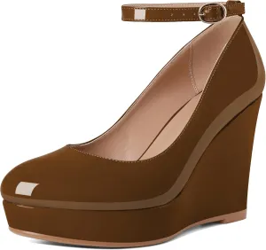 Eldof Wedges for Women Closed Toe Ankle Strap Platform High Heel Wedges Pumps 4 Inches
