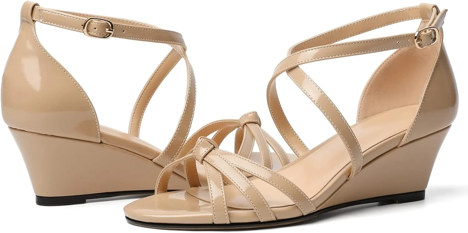 Eldof Women's Open Toe Ankle Strap Criss Cross Wedge Sandals 2 Inches Low Heel Wedge Pumps Shoes for Dress Casual Work Event