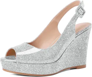 Eldof Women's Peep Toe Wedge Heels Slingback Platform High Pumps Party Dress Casual Sandals 4 Inches