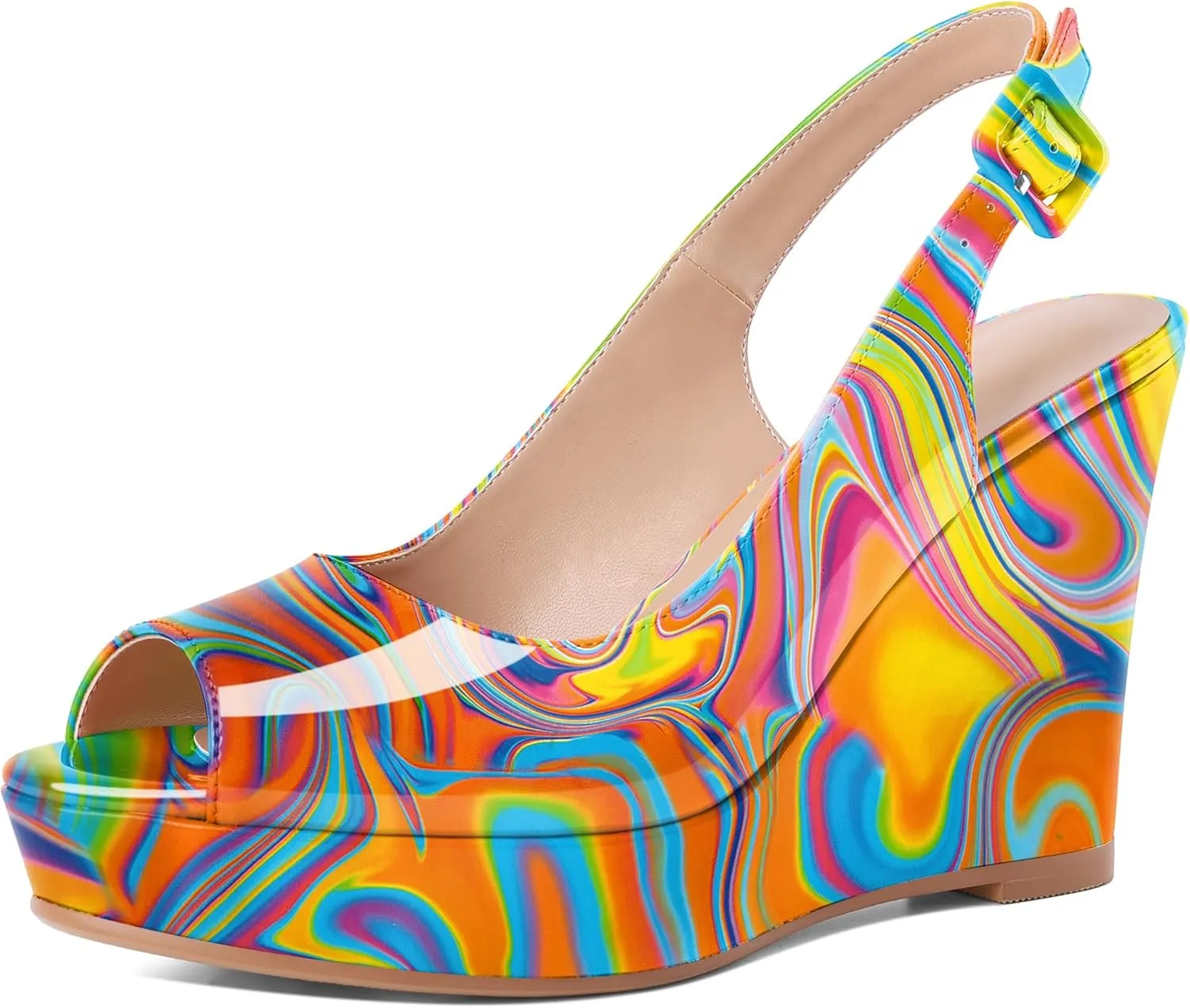 Eldof Women's Peep Toe Wedge Heels Slingback Platform High Pumps Party Dress Casual Sandals 4 Inches