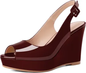 Eldof Women's Peep Toe Wedge Heels Slingback Platform High Pumps Party Dress Casual Sandals 4 Inches