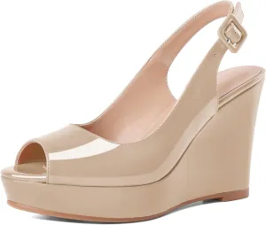 Eldof Women's Peep Toe Wedge Heels Slingback Platform High Pumps Party Dress Casual Sandals 4 Inches