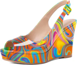Eldof Women's Peep Toe Wedge Heels Slingback Platform High Pumps Party Dress Casual Sandals 4 Inches