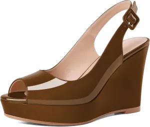 Eldof Women's Peep Toe Wedge Heels Slingback Platform High Pumps Party Dress Casual Sandals 4 Inches