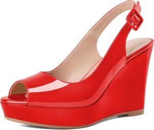 Eldof Women's Peep Toe Wedge Heels Slingback Platform High Pumps Party Dress Casual Sandals 4 Inches