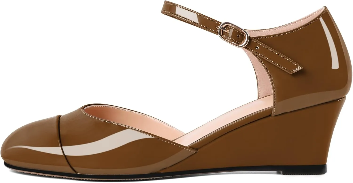 Eldof Womens Wedges Mary Jane Round Toe Ankle Strap Wedge Low Heel Dress Shoes Pumps for Women 2 Inches