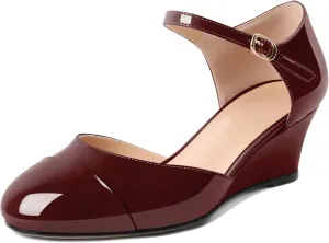 Eldof Womens Wedges Mary Jane Round Toe Ankle Strap Wedge Low Heel Dress Shoes Pumps for Women 2 Inches