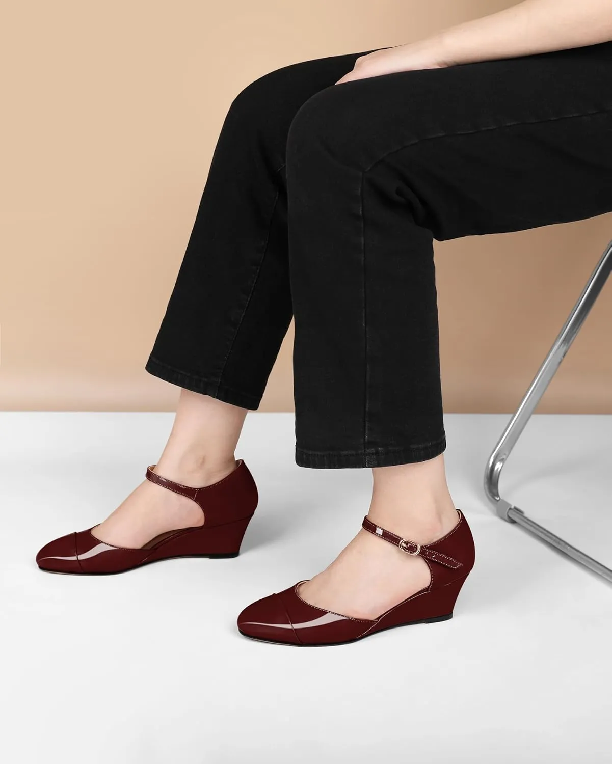 Eldof Womens Wedges Mary Jane Round Toe Ankle Strap Wedge Low Heel Dress Shoes Pumps for Women 2 Inches